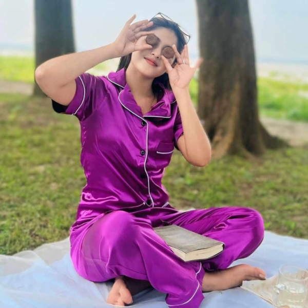 Purpel-Luxury Satin Silk Sleepwear Set (2-Piece)