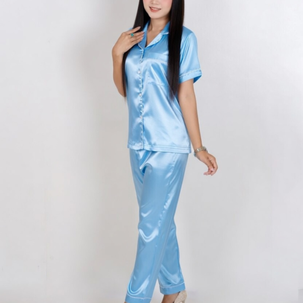 Light Blue-Luxury Satin Silk Sleepwear Set (2-Piece)