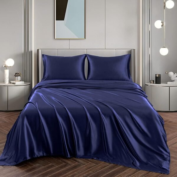 Navy Blue Luxury Satin Silk Bed Sheet Set